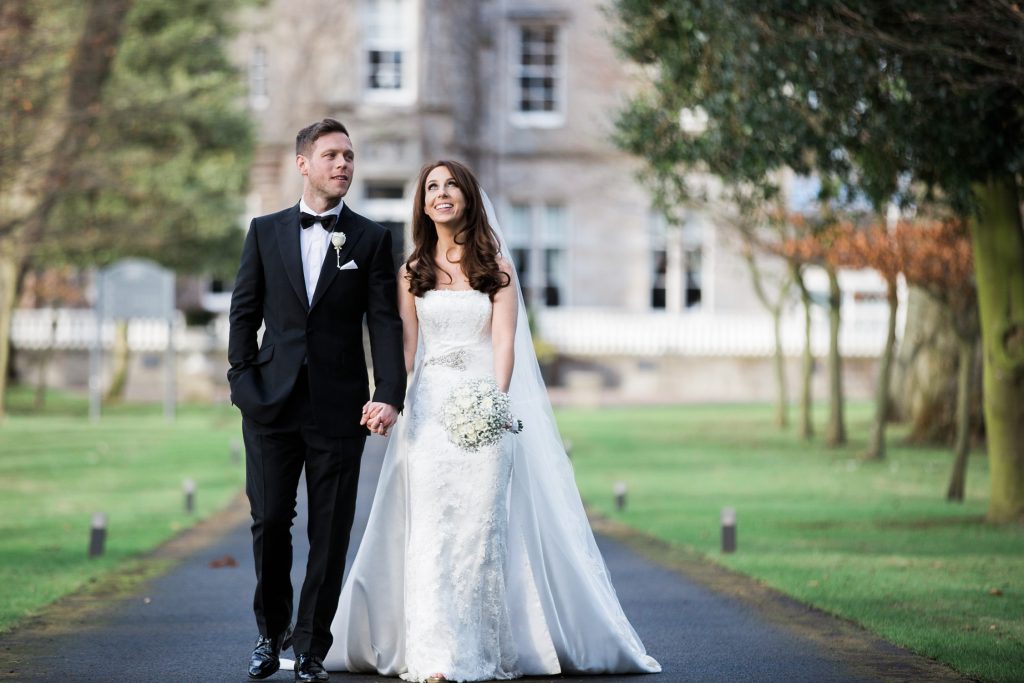 Bride and groom portraits by fine art wedding photographer at Carlowrie Castle in Edinburgh, Scotland