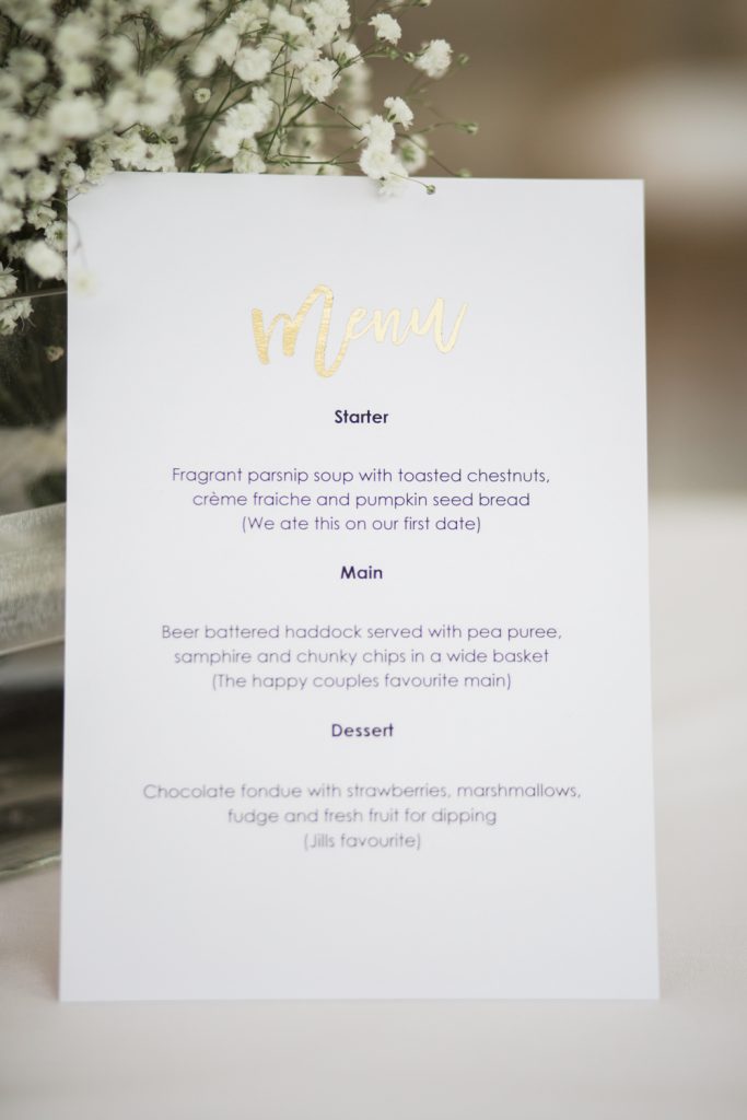 Menu Cards at wedding at Carlowrie Castle in Edinburgh, Scotland