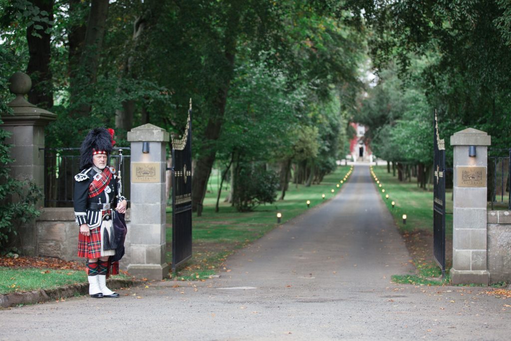 Bagpipes at a Scottish castle wedding at Carlowrie Castle Scotland photo