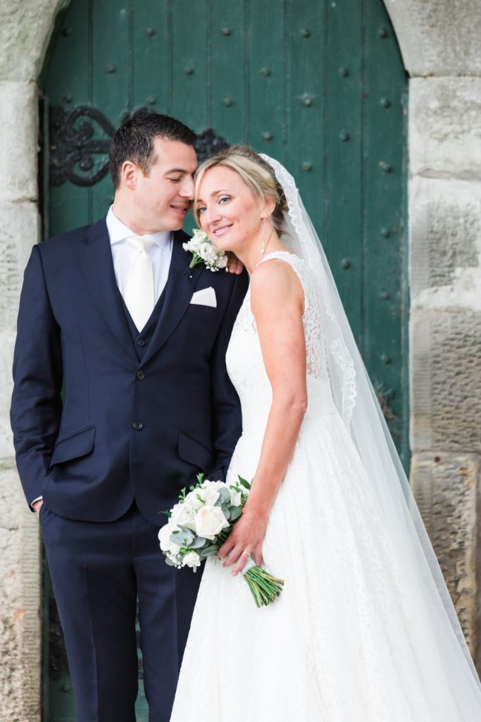 Bride wearing Caroline Castigliano wedding gown and groom wearing Hugo Boss at a UK Destination wedding in Edinburgh, Scotland.