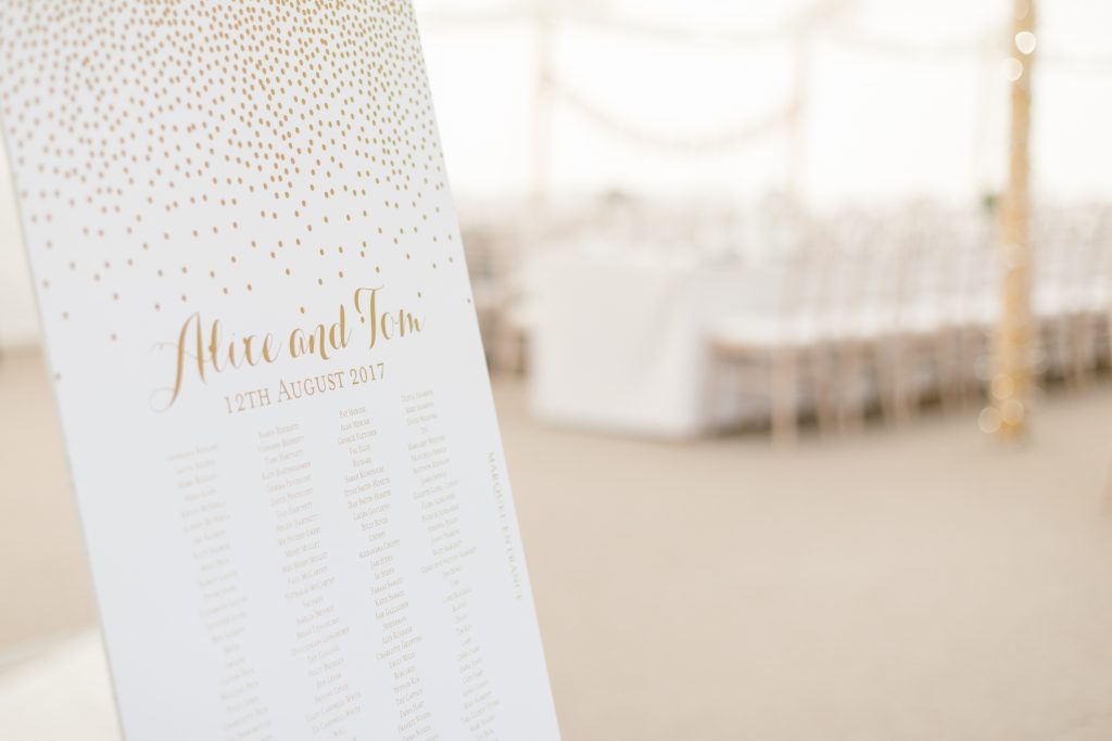 Table plan detail at a Dorfold Hall wedding in Nantwich.