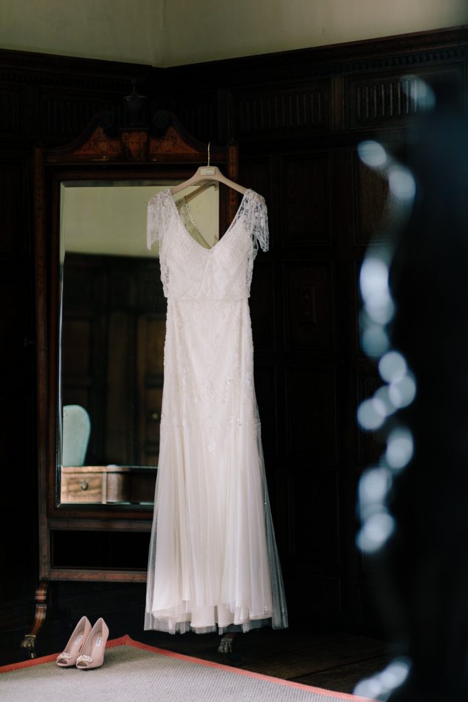 Jenny Packham Wedding Dress at Dorfold Hall in the bridal suite.