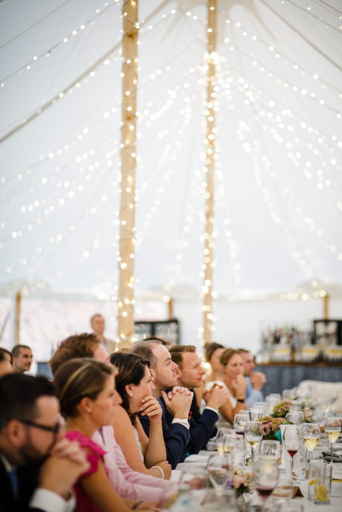Speeches in the sperry tent at Dorfold Hall wedding in Cheshire