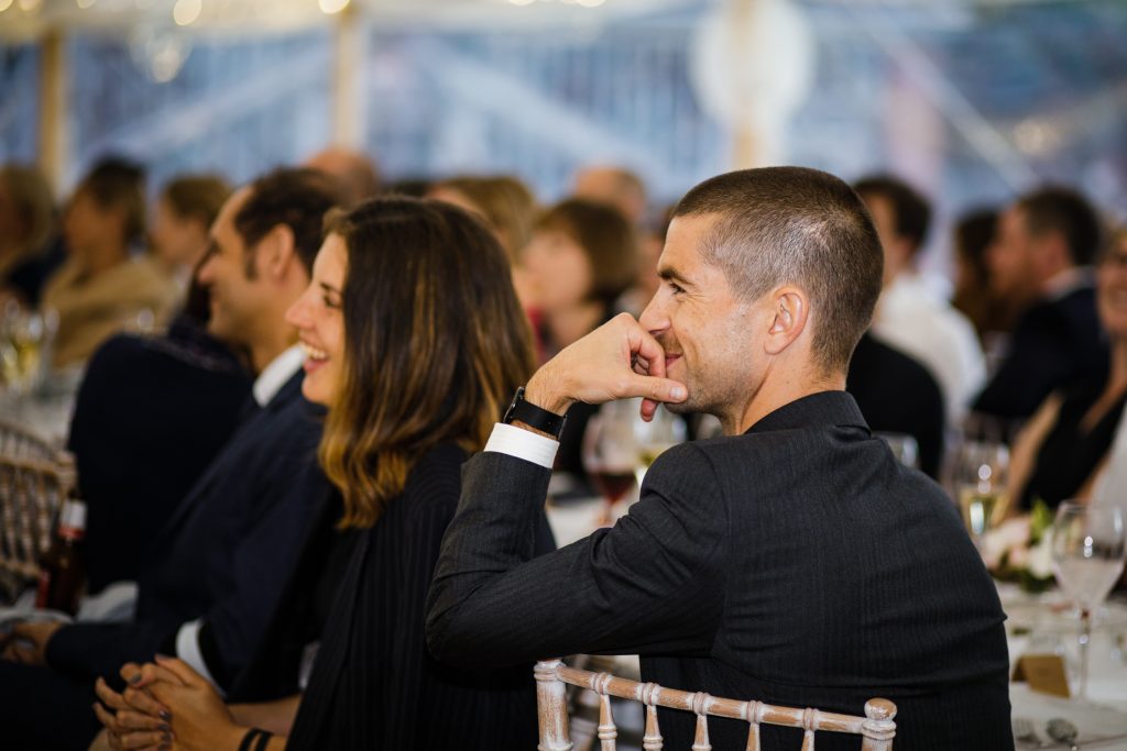 Speeches in the sperry tent at Dorfold Hall wedding in Cheshire
