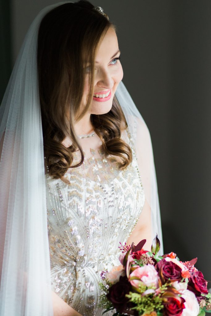 Bridal portrait at Farbridge Barns wedding. Bride wearing Jenny Packham bridal gown.