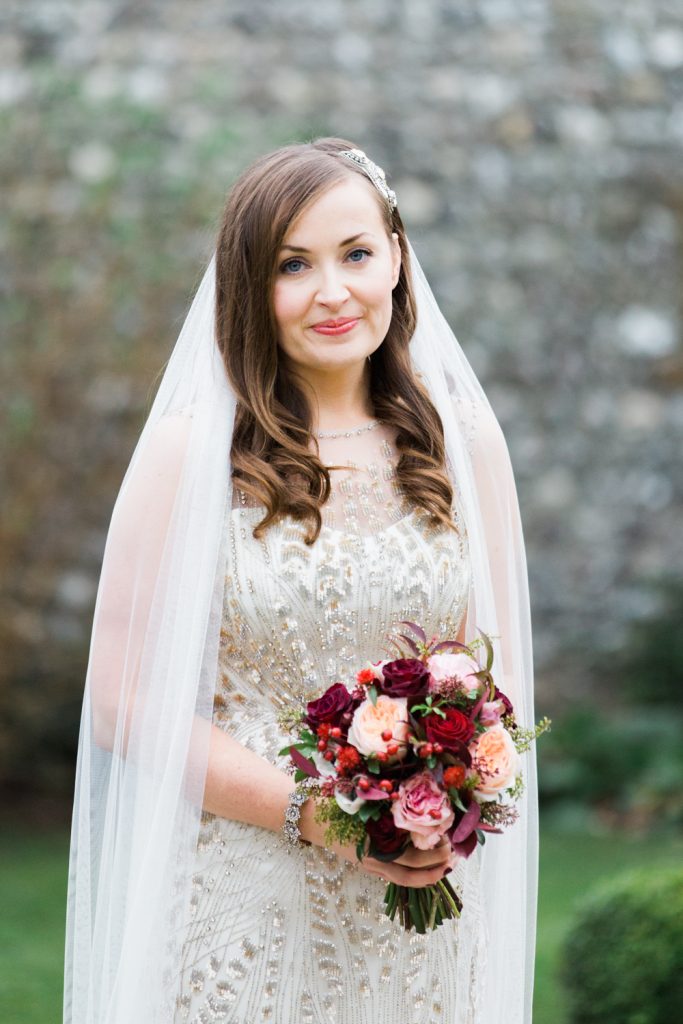 Bridal portrait for a winter wedding. Bride in Jenny Packham wedding dress. By Cheshire wedding photographer Jade Osborne.