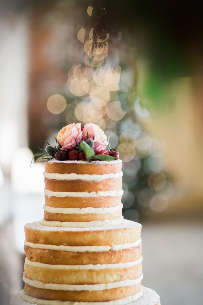 Naked wedding cake with natural flowers on top for a winter wedding at Farbridge Barns - photo