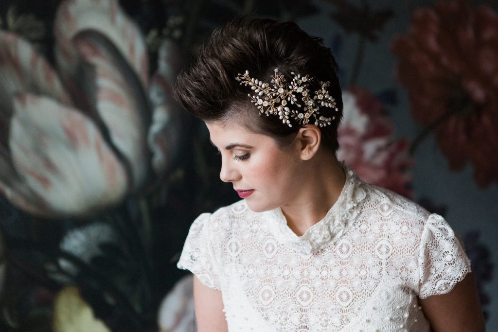 Bridal headpiece on editorial bridal shoot at Garthmyl Hall, Wales