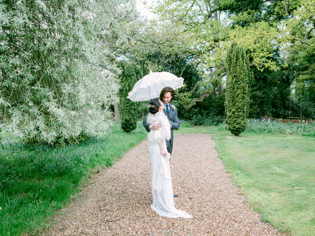 Bride and groom portraits in the gardens at Iscoyd Park