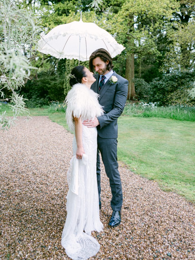 Bride and groom portraits in the gardens at Iscoyd Park