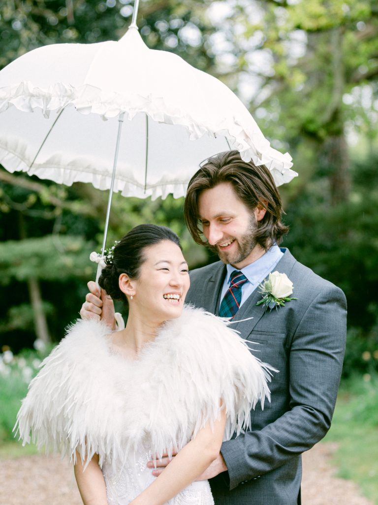 Bride and groom portraits in the gardens at Iscoyd Park