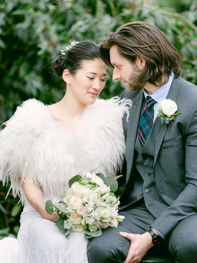 Bride and groom portraits in the gardens at Iscoyd Park