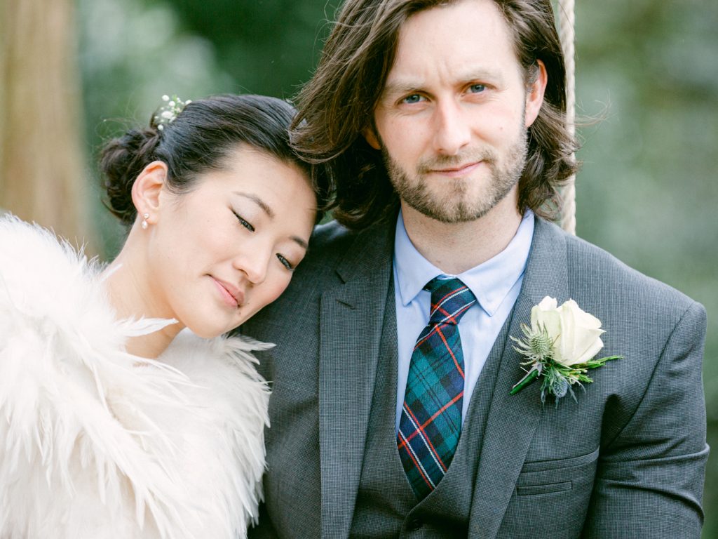 Bride and groom portraits in the gardens at Iscoyd Park