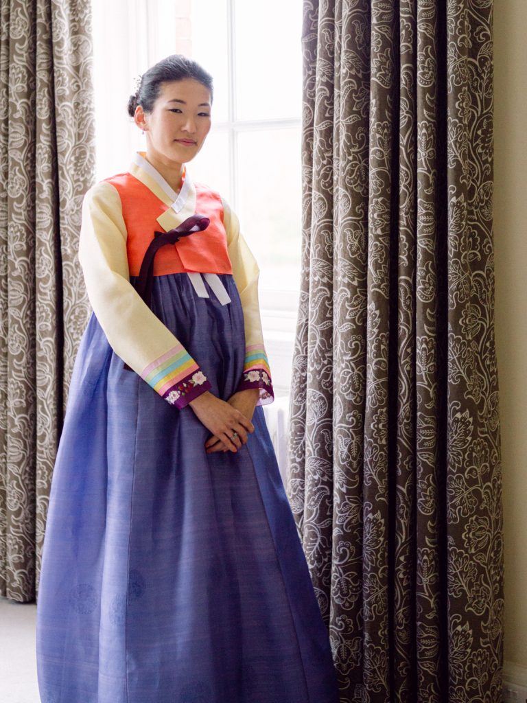 Bride in traditional Korean dress for an Iscoyd Park wedding
