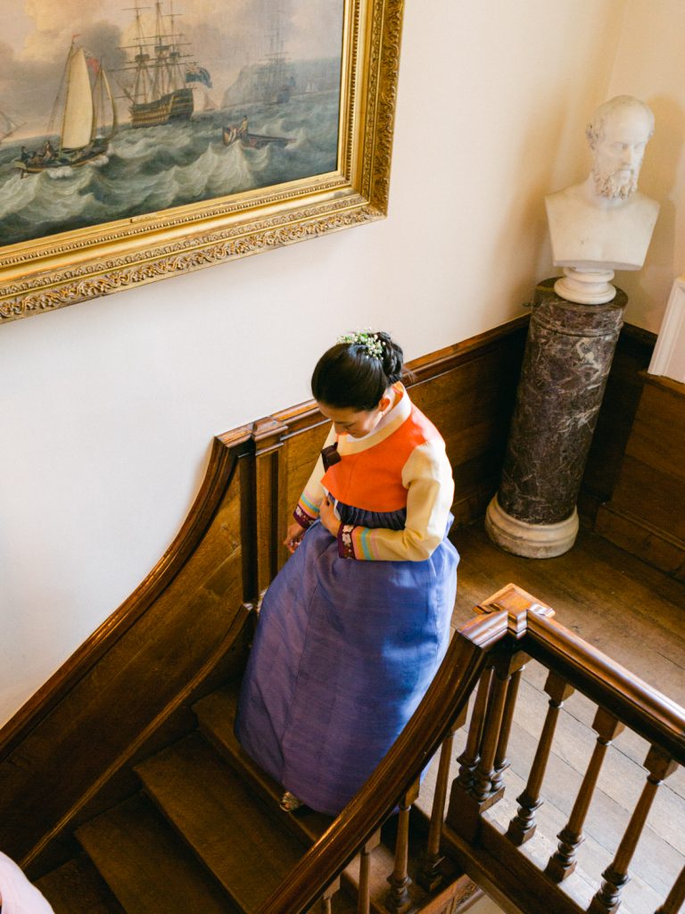 Bride in traditional Korean Dress at Iscoyd Park wedding