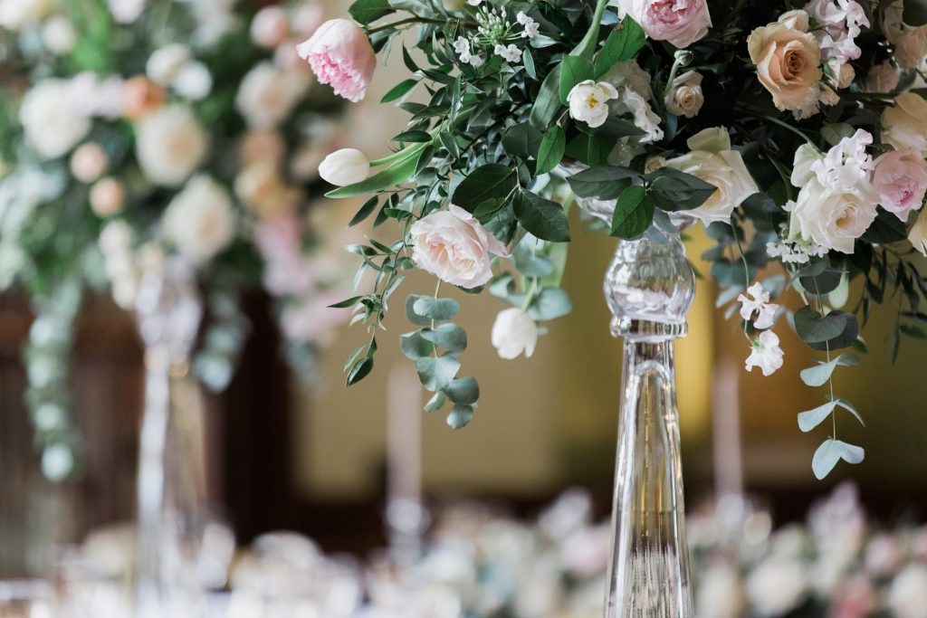 Wedding flowers by Flowers by Breige for a stylish bridal inspiration shoot for weddings at Sandon Hall by wedding photographer Jade Osborne Photography.