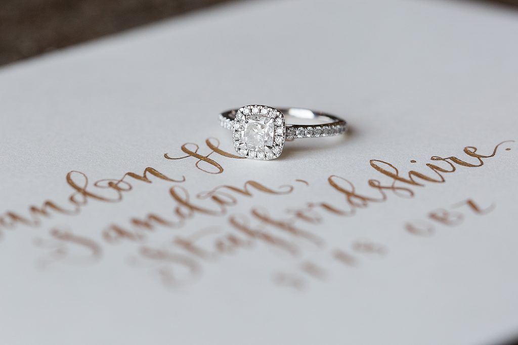 Gold calligraphy for wedding invitations from a bridal inspiration shoot at Sandon Hall. Wedding details captured by fine art documentary wedding photographer Jade Osborne Photography.