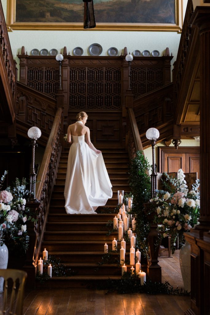 Bridal style featuring elegant Jesus Peiro wedding gown for an editorial bridal inspiration shoot at Sandon Hall, Staffordshire, UK