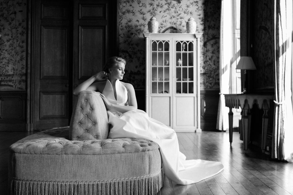 Classic stylish bridal portrait in black and white at Sandon Hall editorial bridal inspiration shoot.