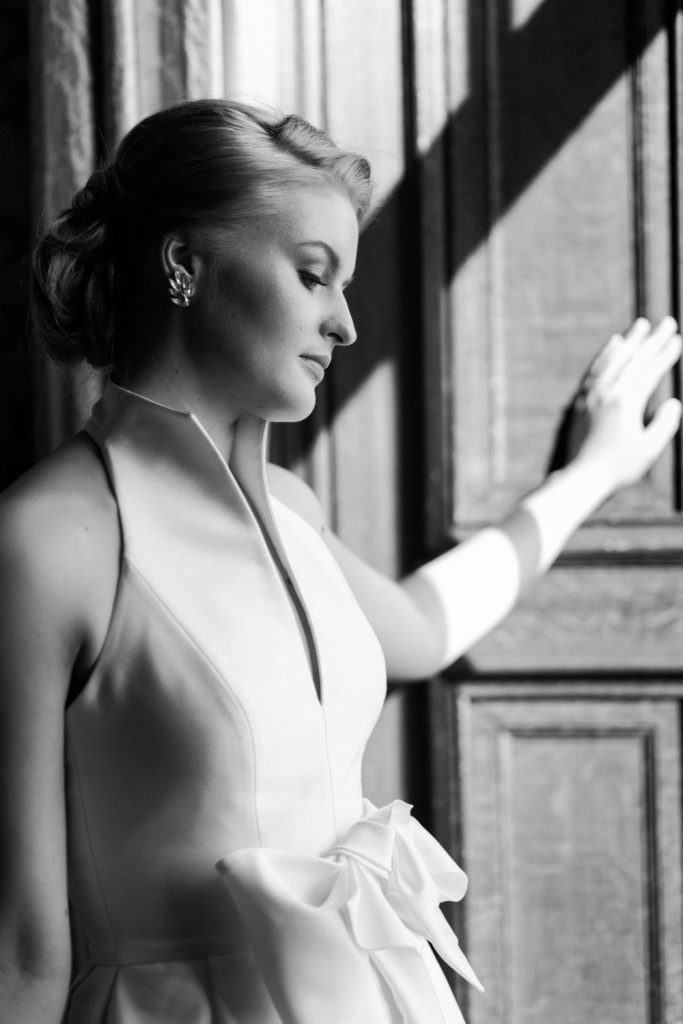lassic stylish bridal portrait in black and white at Sandon Hall editorial bridal inspiration shoot.
