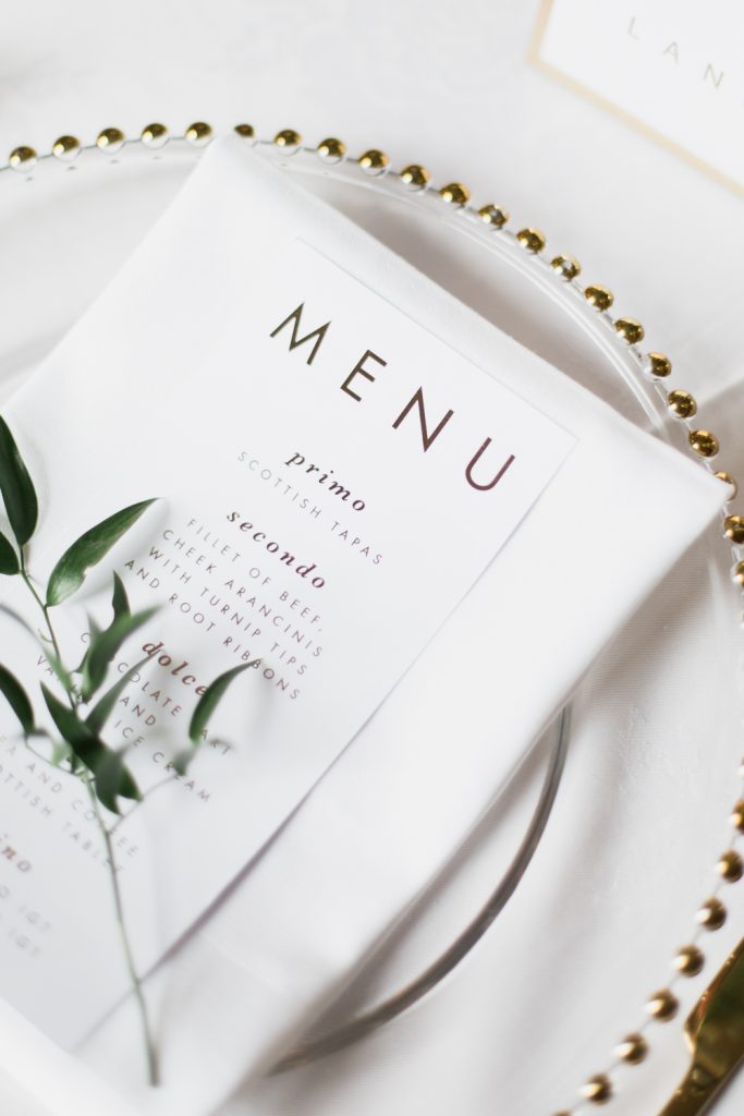 Wedding table details with gold foil menu cards captured by Cheshire wedding photographer Jade Osborne Photography.