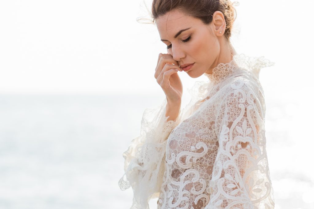 Bridal portrait by Cheshire Wedding Photographer for a beach wedding in Santorini