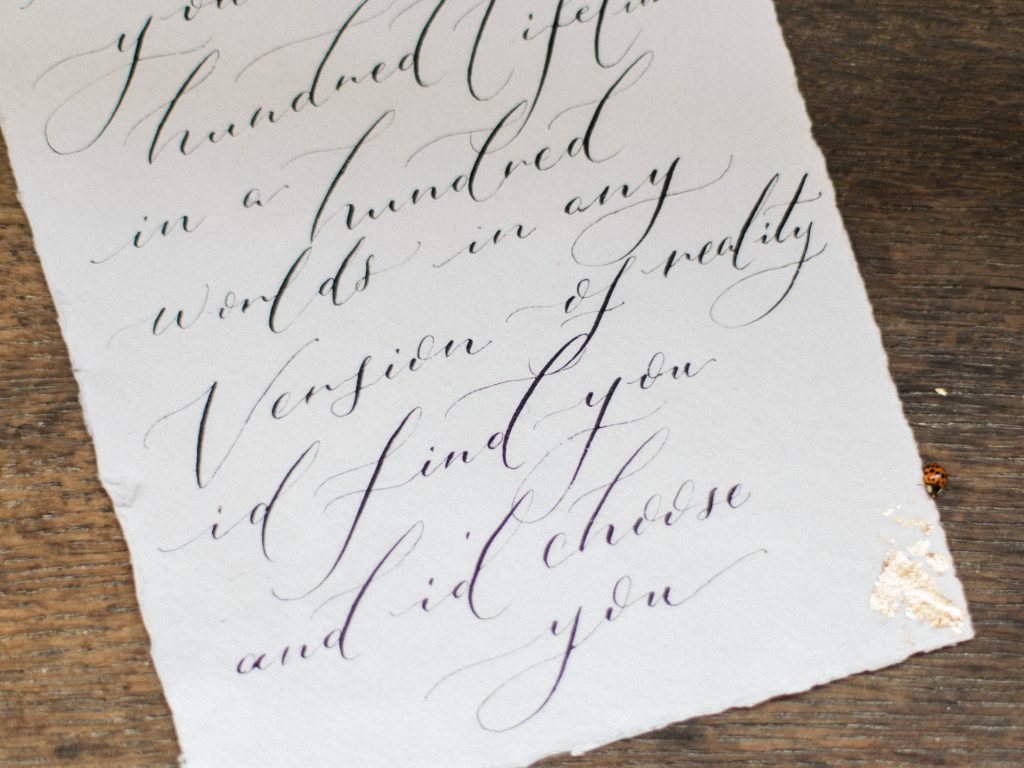 Wedding Calligraphy for a styled bridal shoot at Dorfold Hall Cheshire