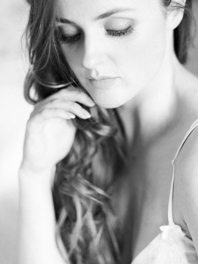 Fine art wedding photographer UK featuring black and white bridal portraits on the morning of.