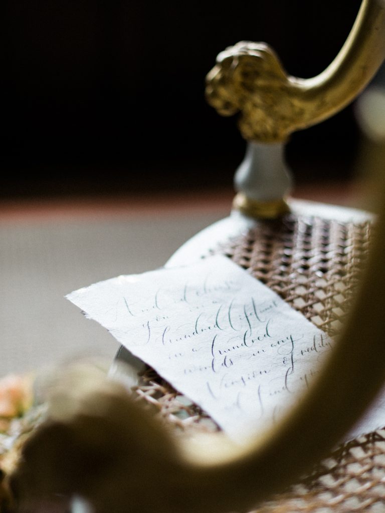 Wedding stationery with calligraphy and gold foil finish by Beautifully Lost Studio for a bridal editorial shoot at Dorfold Hall in Cheshire, UK