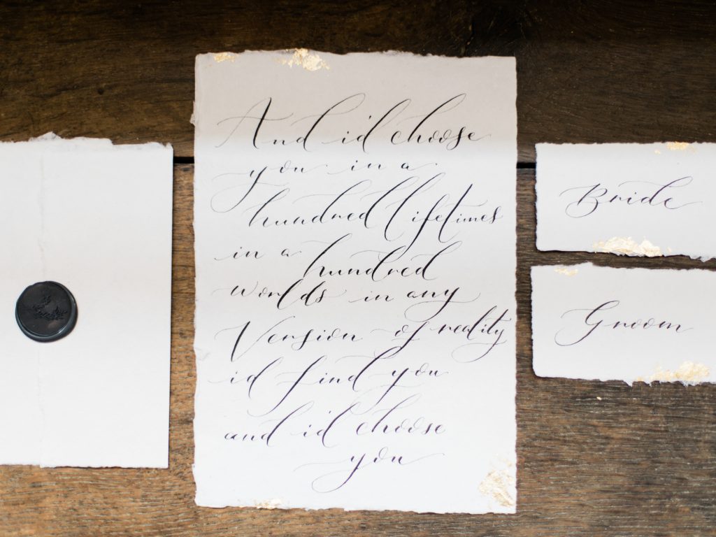 Wedding calligraphy with gold foil for a bridal boudoir inspiration shoot by UK Fine Art Wedding Photographer.