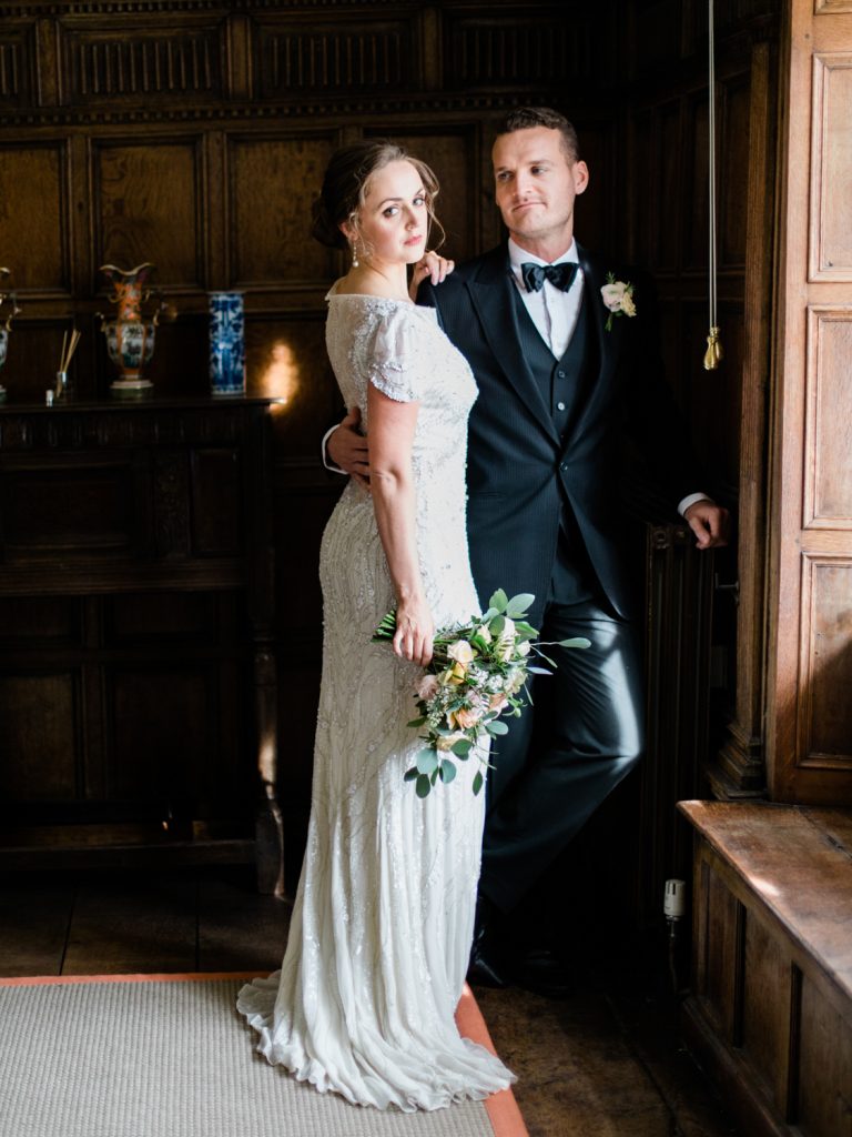 Black tie wedding at Dorfold Hall a country house wedding venue in the UK. Bride is wearing Jenny Packham Bridal Nashville gown.