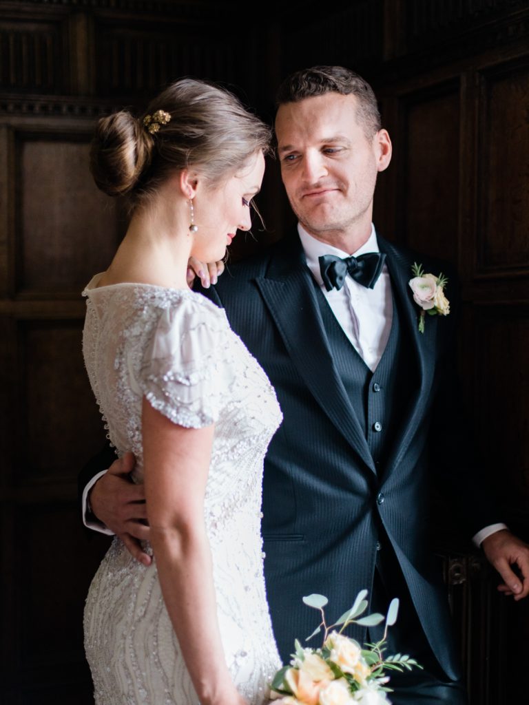 Black tie wedding at Dorfold Hall a country house wedding venue in the UK. Bride is wearing Jenny Packham Bridal Nashville gown.