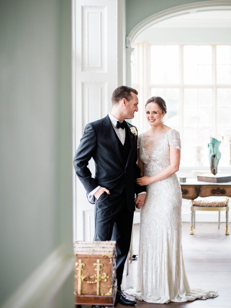 Black tie wedding at Dorfold Hall a country house wedding venue in the UK. Bride is wearing Jenny Packham Bridal Nashville gown.