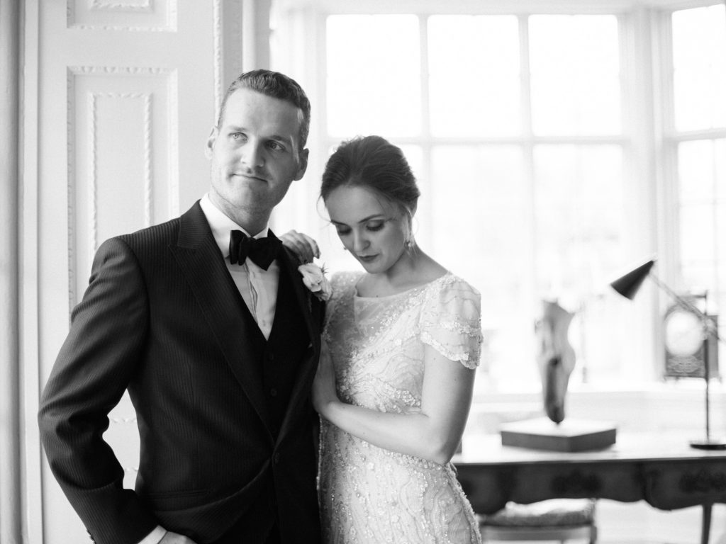 Black tie wedding at Dorfold Hall a country house wedding venue in the UK. Bride is wearing Jenny Packham Bridal Nashville gown.