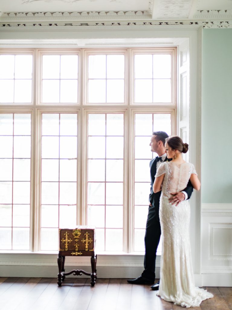 Black tie wedding at Dorfold Hall a country house wedding venue in the UK. Bride is wearing Jenny Packham Bridal Nashville gown.