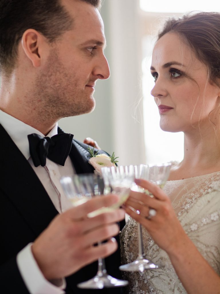 Black tie wedding at Dorfold Hall a country house wedding venue in the UK. Bride is wearing Jenny Packham Bridal Nashville gown.