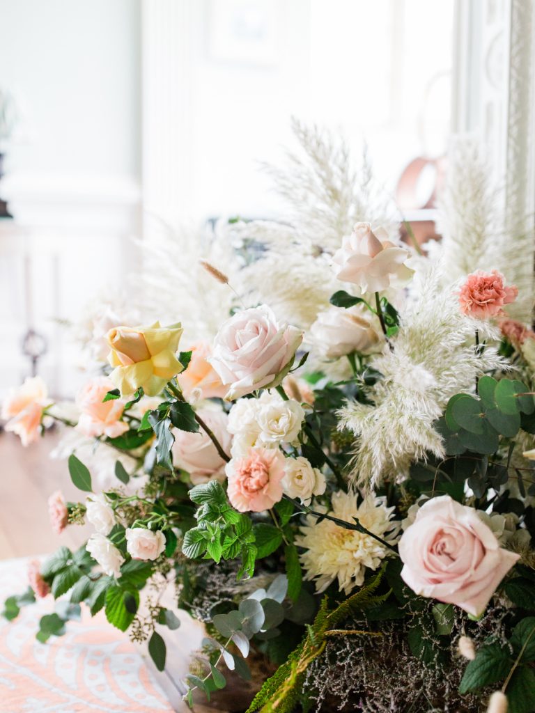Wedding inspiration at Dorfold Hall with florals by Flowers by Breige. Photo by Fine art Wedding Photographer Jade Osborne Photography.