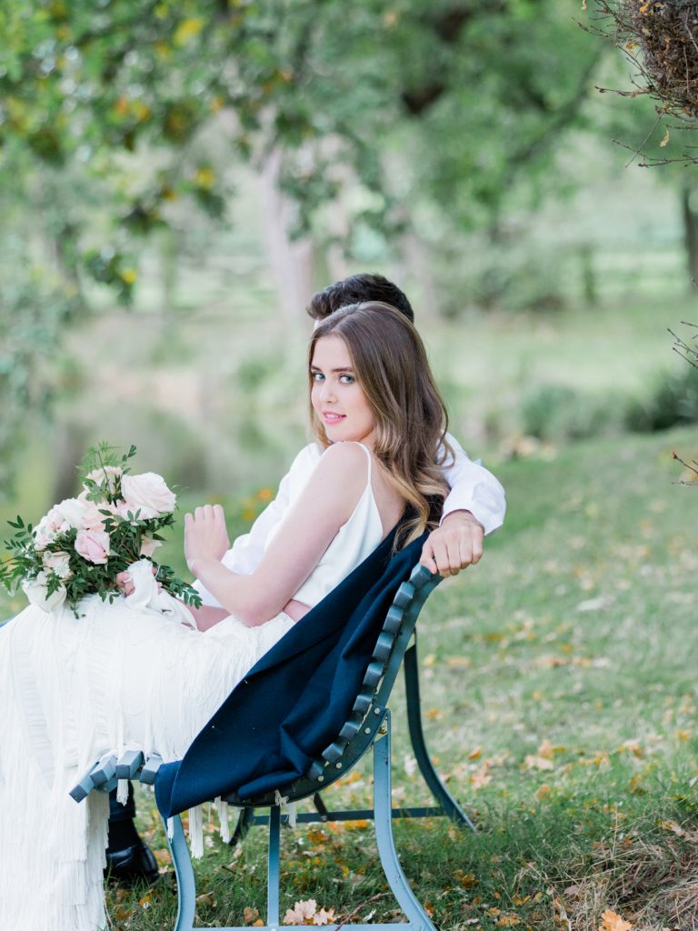 Bride and groom portraits in the gardens at Dorfold Hall.