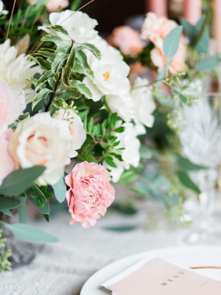 Wedding florals and table at inspiration shoot at Dorfold Hall by Fine Art Wedding Photographer Jade Osborne Photography.