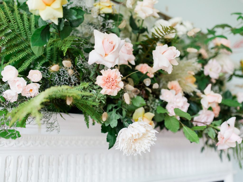 Wedding inspiration at Dorfold Hall with florals by Flowers by Breige. Photo by Fine art Wedding Photographer Jade Osborne Photography.
