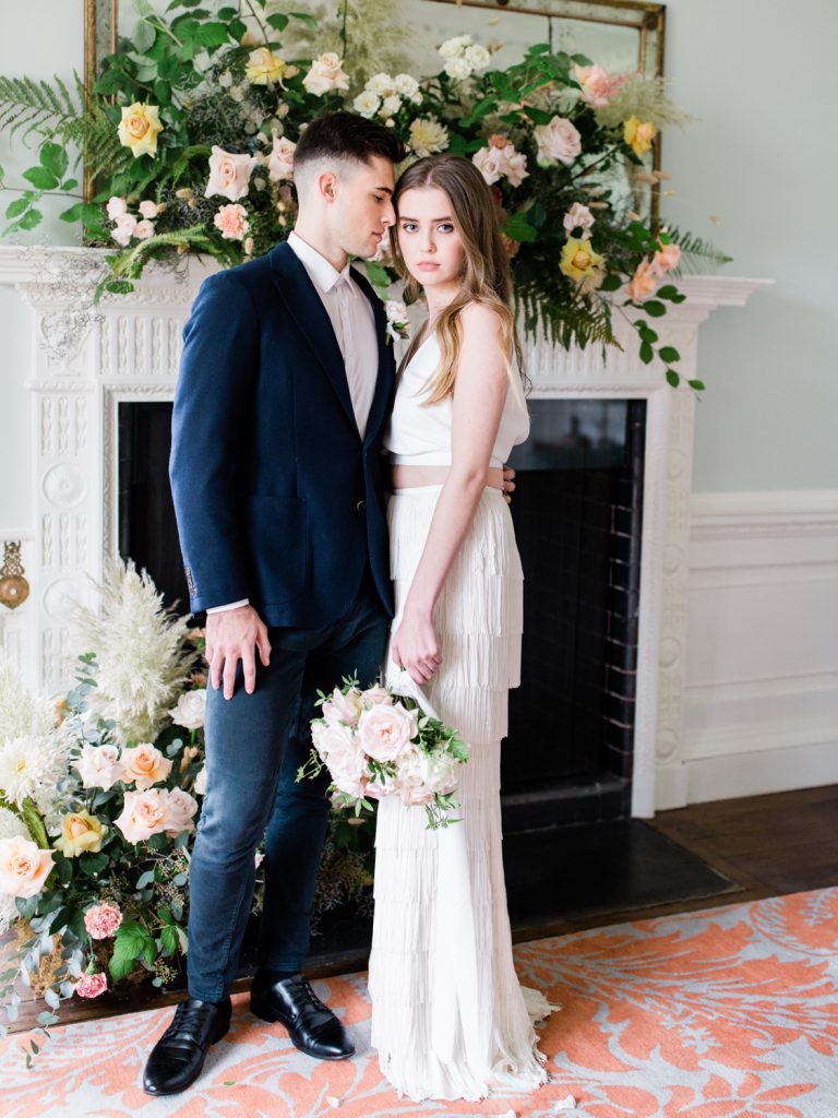 Bride and groom portrait at Dorfold Hall, luxury Cheshire wedding venue