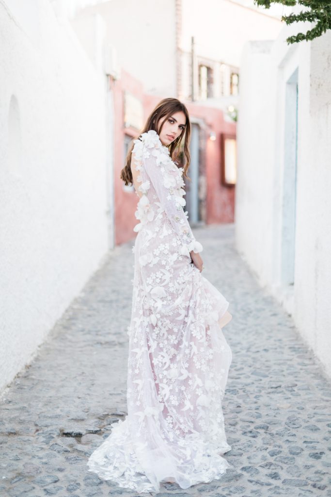 Made Bride wedding gown for a Santorini Destination wedding editorial shoot