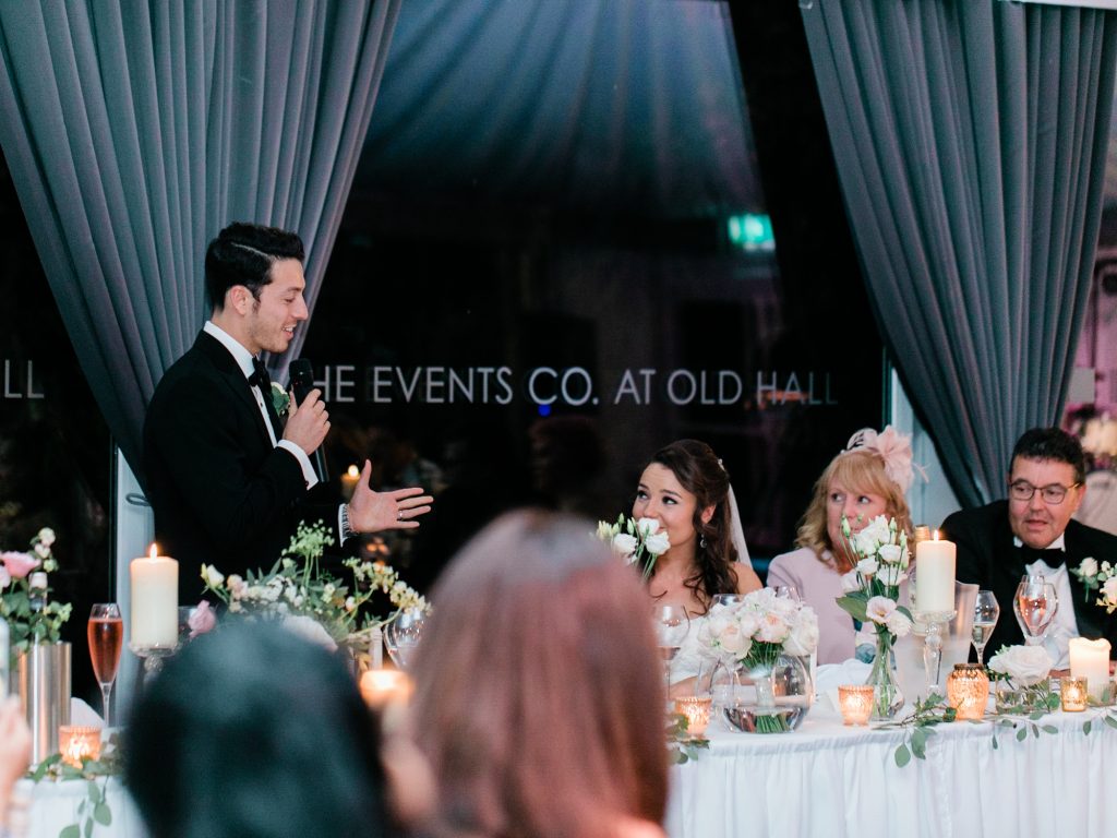 Romantic and elegant wedding photography. Groom's speech at The Old Hall in Chester -photo
