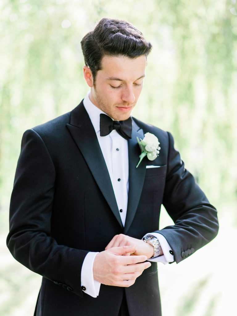 Portrait of the groom for a black tie wedding in Chester - photo