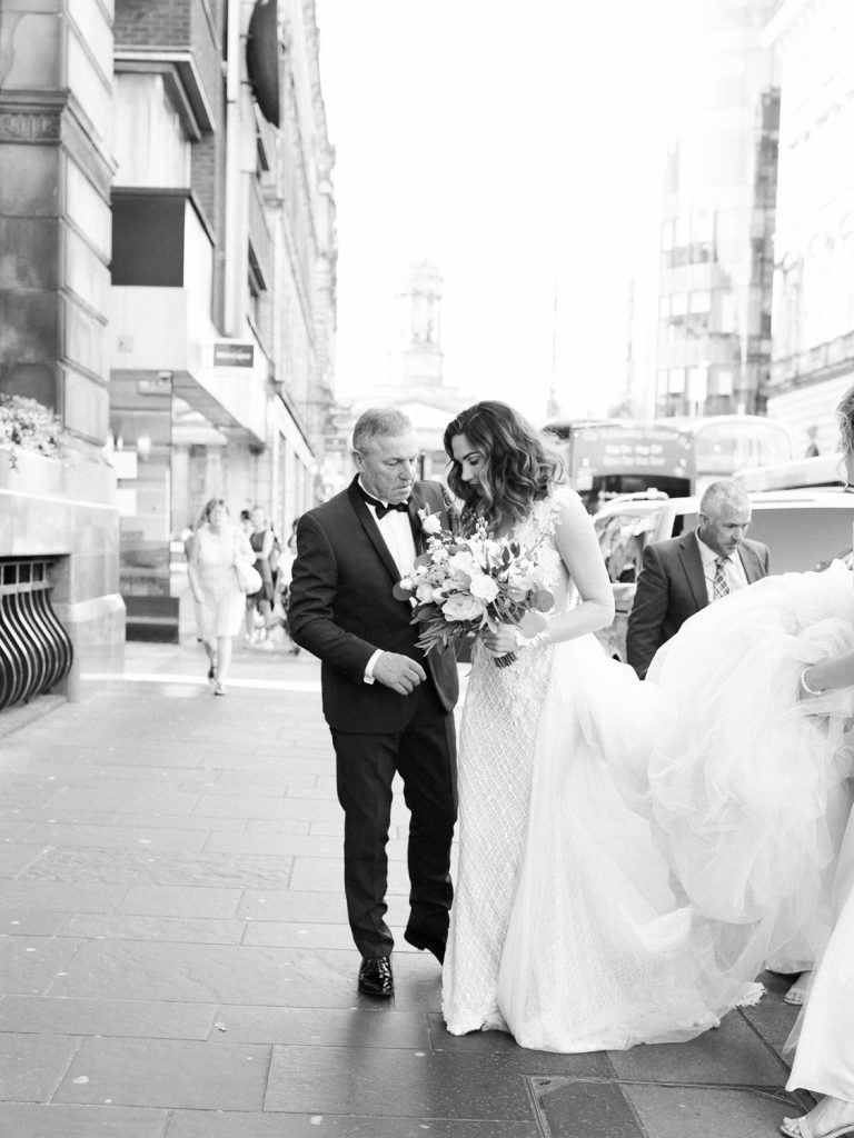 Bride arriving at The Corinthian Club in Scotland