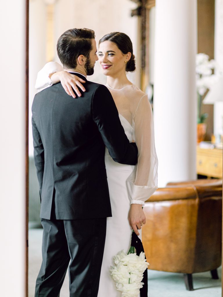 Monchrome wedding featuring Halfpenny London gown.