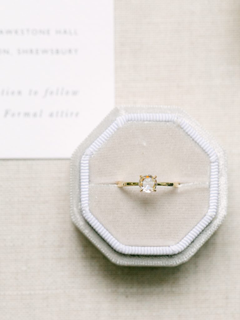 Wedding details featuring handmade engagement ring.