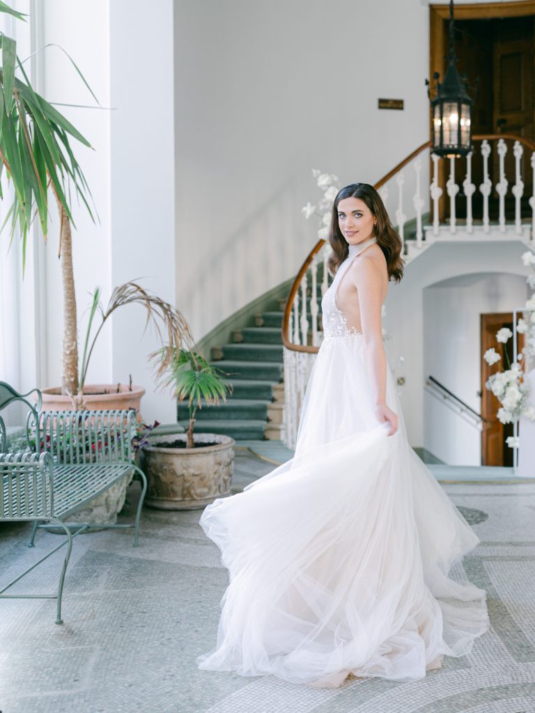 Bridal portrait at Hawkstone Hall with Alena Leena wedding dress.