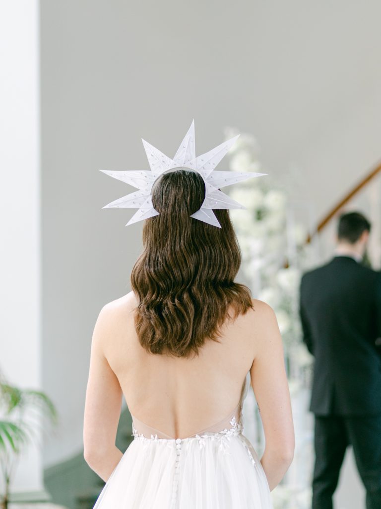 Wedding at Hawkstone Hall. Bride wears Awon Golding headpiece.