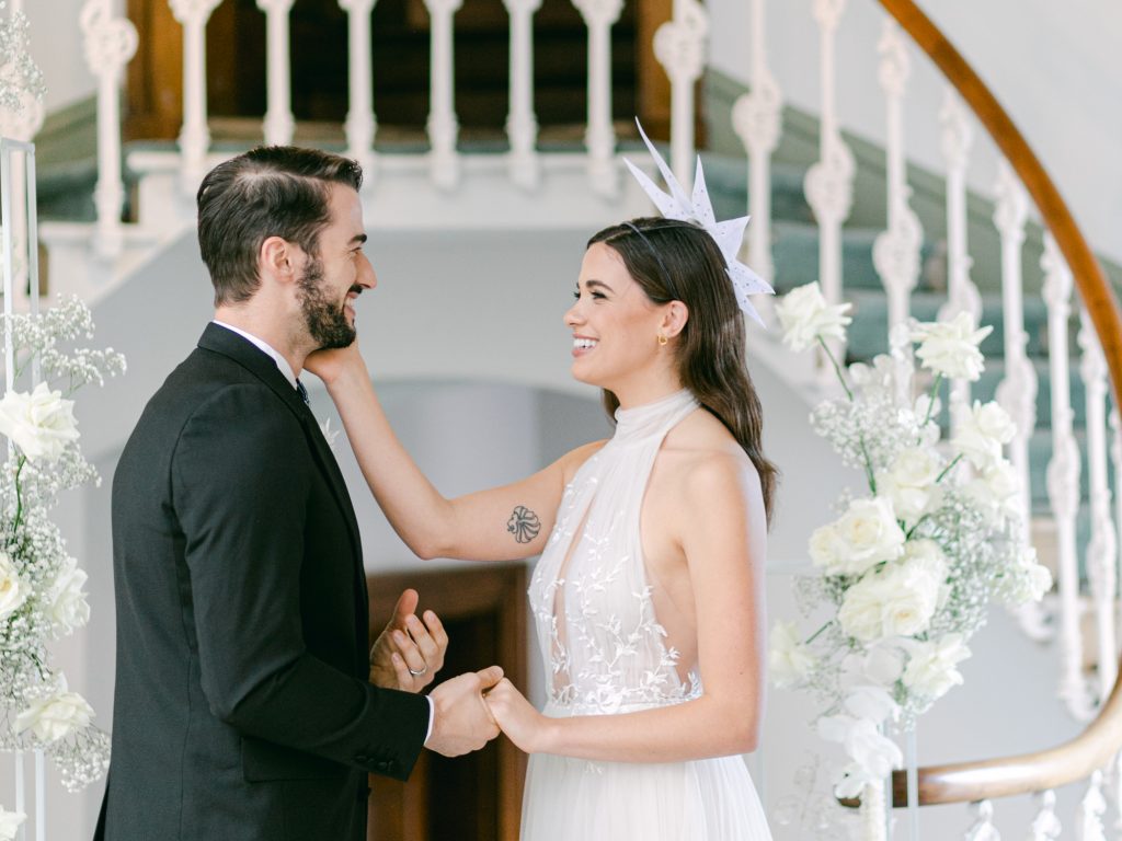 Wedding at Hawkstone Hall. Bride wears Awon Golding headpiece.